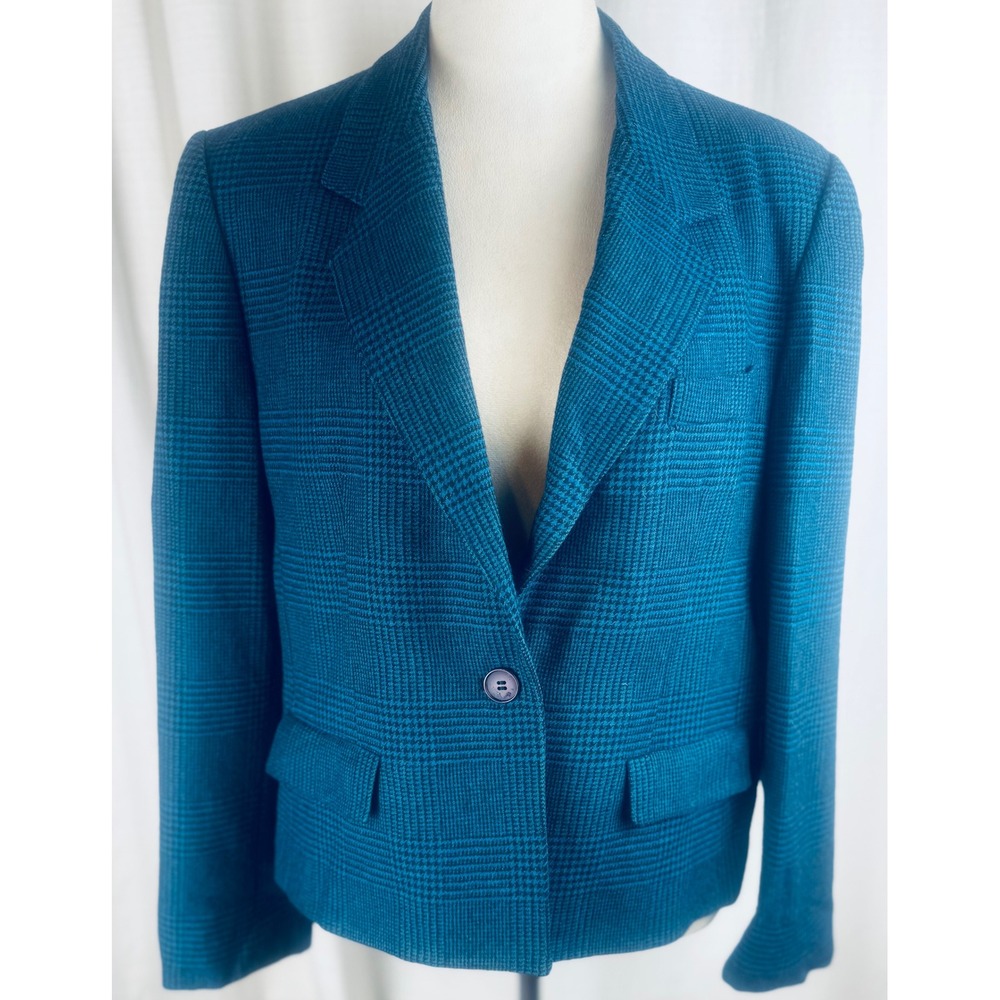 Vintage 80s Evan Picone Teal Glen Plaid Wool Blazer Jacket ILGWU Union Made 16